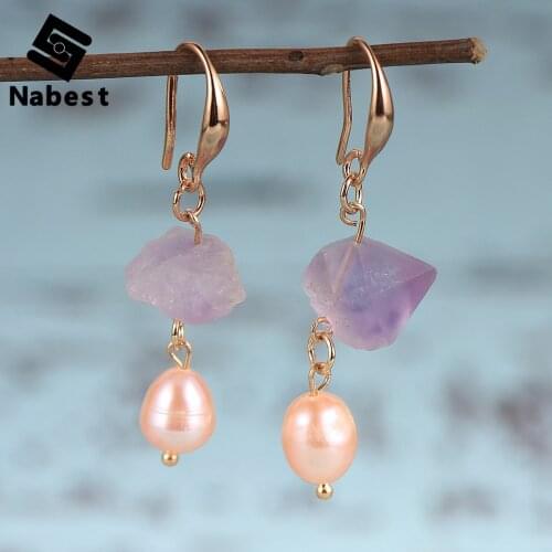 Women Freshwater Pearls Dangling Earring Natural Stone Irregular Amethysts Crystal Tassel Hanging Copper Earring Hook Jewelry