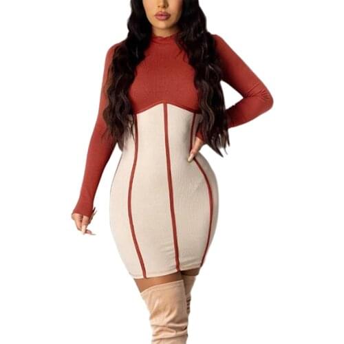 Women Sexy Long Sleeve Turtleneck Bodycon Mini Dress Contrast Color Stripes Patchwork Ribbed Knitted High Waist Clubwear