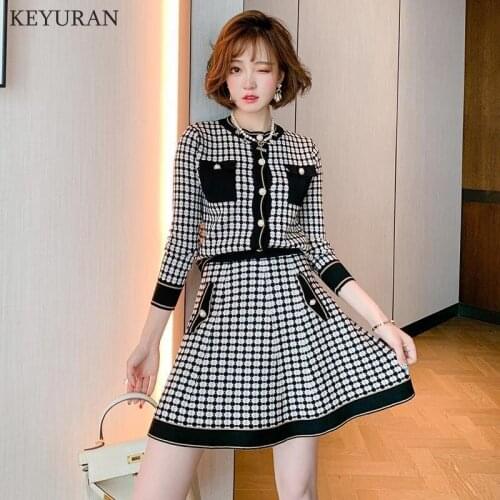 Knitted Skirt Two Piece Set 2021Autumn Casual Single Breasted Plaid Sweater Crop Top + Knitted Skirt 2 Piece Outfits Womens Set