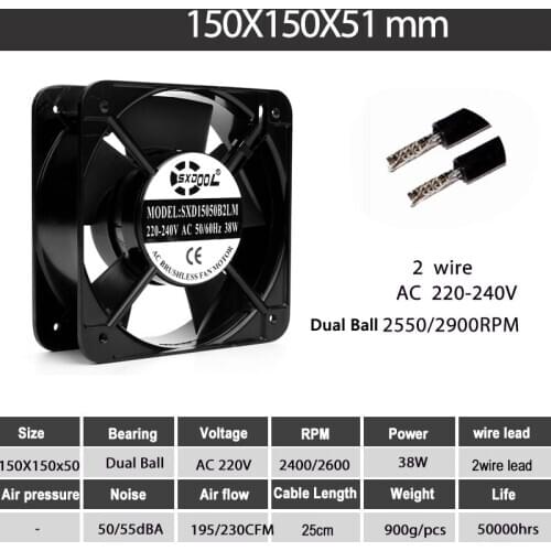 1PCS SXDOOL 150mm AC 220V 240V Fan Dual Ball 15cm 15050 150x150x50mm Industrial cabinets chassis case Cooling Fans Metal Frame