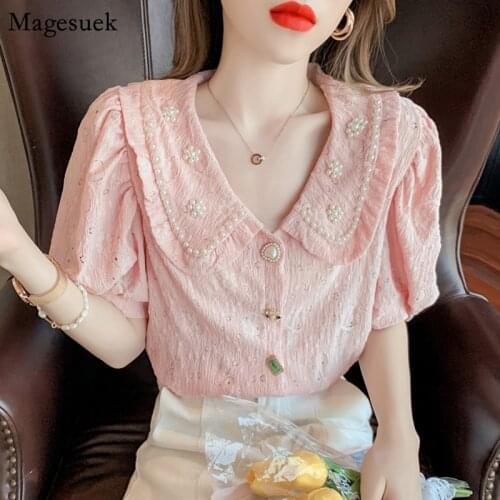 Cute Korean Blusas Mujer Loose Shirt Women Beading Peter Pan Collar Vintage Women Blouses Summer Short Puff Sleeve Tops 15132