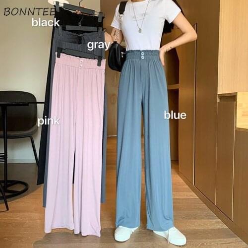 Casual Pants Women Summer Wide-leg Button Elastic Empire Streetwear Elegant All-match Trousers Daily Trendy Simple Full-length