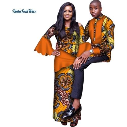 African Print Patchwork Top Skirt Set for Women Bazin Riche Mens Top Shirt Couple Clothing African Lovers Couple Clothes WYQ454