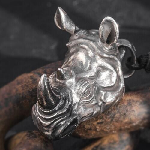 Solid 999 Sterling Silver handmade rhinoceros head mens punk pendant Charm jewelry A5686