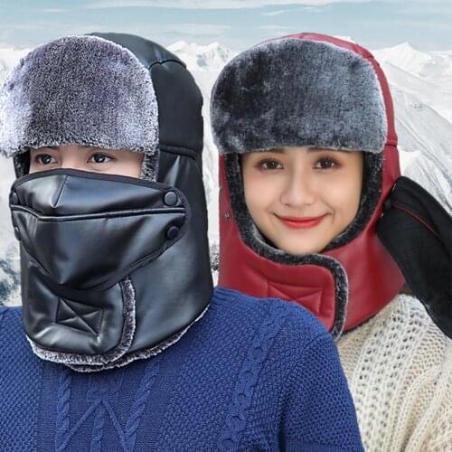Men Women Winter Mask Leather Hiking Hat Neck Balaclava Face Hat Windbreak Fleece Hood Ski Mask Warm Helmet Riding Warm Beanie