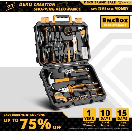 DEKO DKMT100 Socket Wrench Tool Set Auto Repair Mixed Tool Combination Package Hand Tool Kit with Plastic Toolbox Storage Case