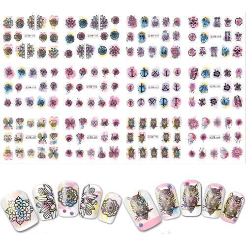 12 sets nails art tools stickers watercolor beauty nail sticker BN433-444 water transfer full flower DIY oil nails slider decals