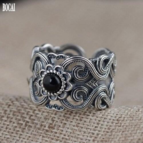 Real S925 pure silver jewelry vintage Thai silver ring for men and women carved pattern wide version men and women silver rings