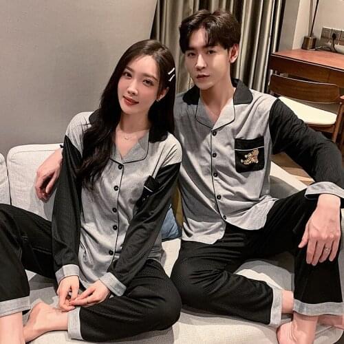 Couples 100% Cotton Long Sleeve Pajama Sets for Women 2021 Autumn Korean Sleepwear Suit Pyjamas Lounge Homewear Men Home Clothes