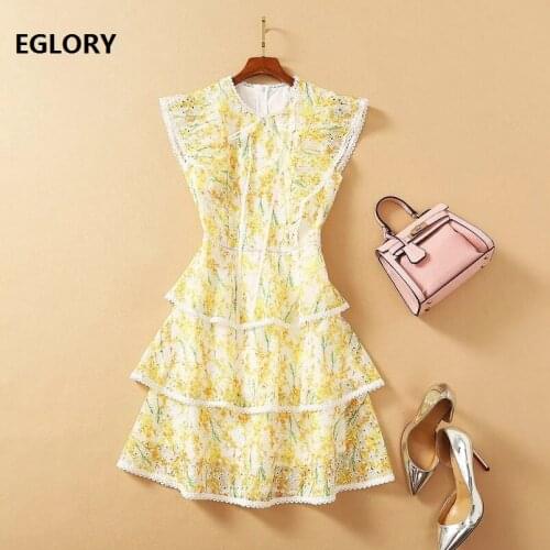 Slim Fit & Flare Dress 2021 Spring Sumer Party Chic Ladies Sweet Little Yellow Floral Embroidery Dress Lolita Girl Dress