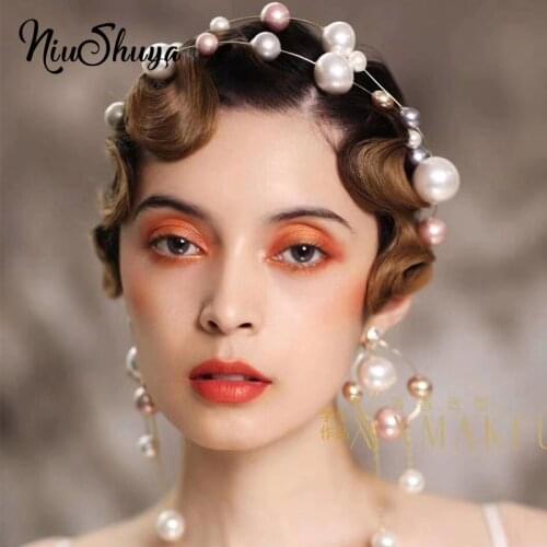 NiuShuya Luxury Design Baroque Big Pearl Headwear Foldable Hair Jewelry Earrings European Bridal Hairband Accessories