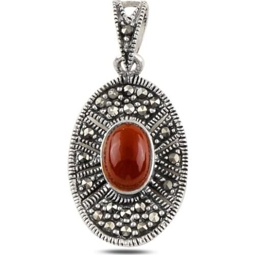 Silver 925 Sterling Red Agate & Marcasite Pendant