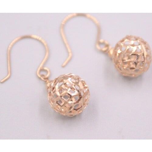 Pure 18K Rose Gold Earrings Women Lucky Gift Big Hollow Ball Bead Dangle Earrings / 1.6-1.7g
