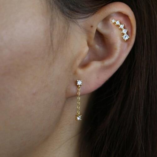 100% 925 Sterling Silver Gold Plated Geometric Round Sparking Clear Cubic Zirconia CZ With Long Tassel Chain Earring