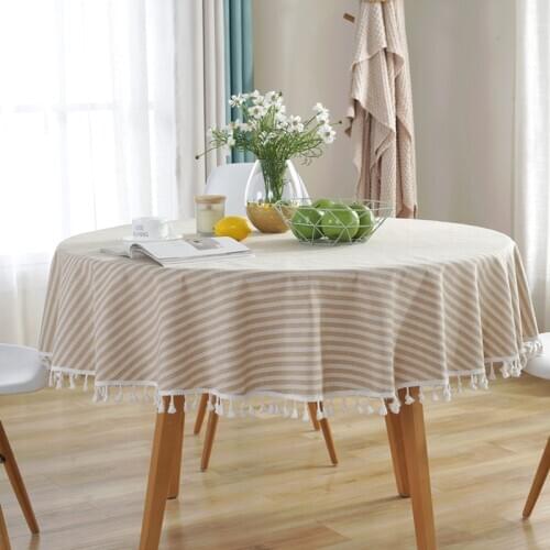 Beige Striped Modern Simple Tablecloth With Elegant Tassel Coffee Table Cloth Dustproof Covers Cottin Linen Tablecloths Mat 1PC