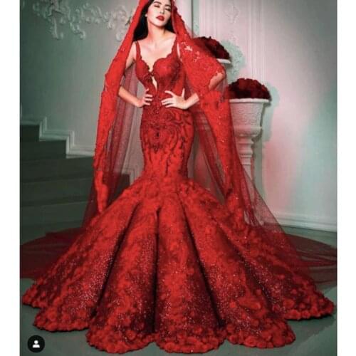 Sexy prom dresses 2021 sweetheart neckline lace applilques mermaid long sexy red evening dresses gowns