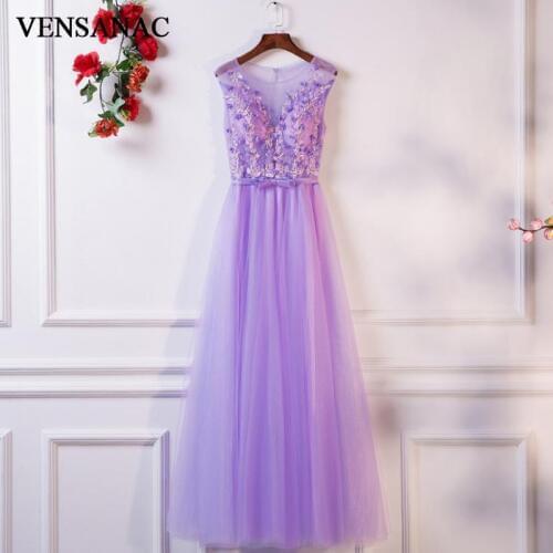 VENSANAC 2018 Illusion O Neck Flowers Appliques A Line Long Evening Dresses Party Bow Sash Open Back Tulle Prom Gowns