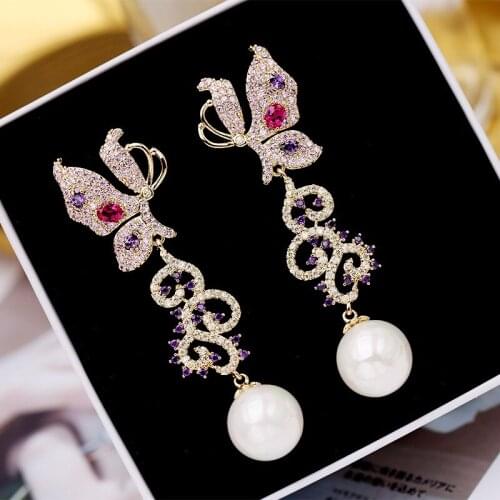 Ruifan Beautiful Butterfly Pearls Earrings Long Dangle Zirconia Rhinestone Earring for Women Female Girls Wedding Jewelry YEA330