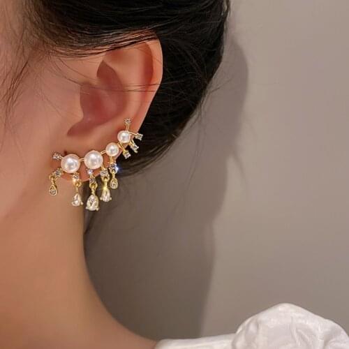 VSnow Exquisite Imitation Pearl Tassel Metal Dangle Earring for Women Rhinestone Gold Color Waterdrop Earring Jewelry Pendientes