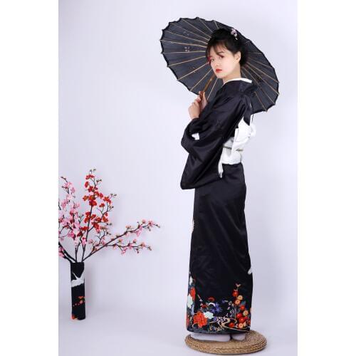 Japan Kimono traditional Woman Kimono Dress Black Sleeve Kimono Tradition Red-crowned Crane Handle Kimono japanese roupa geisha