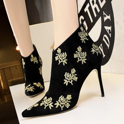 BIGTREE Fashion Embroider Pattern Ankle Boots Women Pointed Toe Solid Flock Sexy Party Boots Womens High Heels Short Boots
