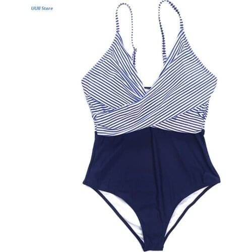 Womens Sexy One-Piece Swimsuit Cross Wrap Front Deep V-Neck Monokini Bikini Striped Print Contrast Color Patchwork Tummy Control