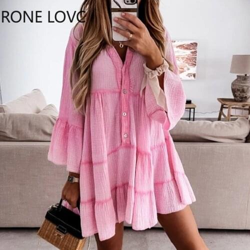 Women Colorblock Button Design Bell Sleeve Casual Dress Long Sleeves Dress