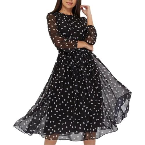 Women Casual Simple Muslin Mid Dress Polka Dot Print Elegant O-Neck Lantern Sleeve Elastic Waist Shashes Slim A-Line Party Dress