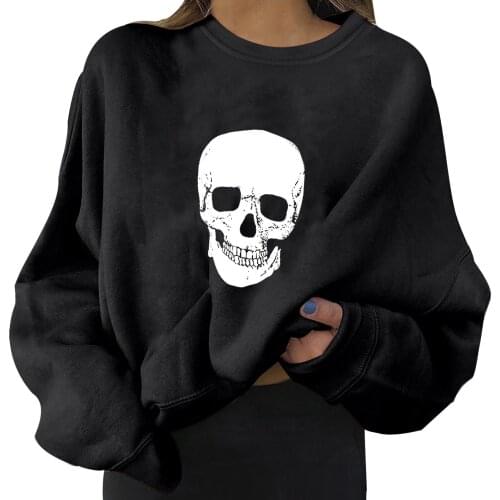 Winter Oversized Fleece Long Sleeve Hoodie Tops Ladies Casual Crew Neck Sweatshirts Halloween Skull Printed Sweater Sudaderas