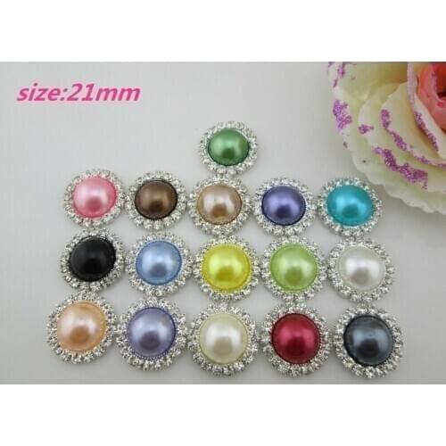 5pcs round clear rhinestone 16 colors pearl metal shank buttons (21mm)