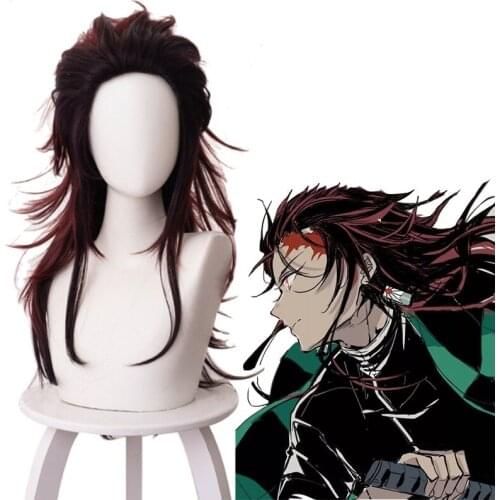 Anime Comic Demon Slayer Kimetsu no Yaiba Cosplay Wigs Kamado Tanjirou Cosplay Wig Heat Resistant Synthetic Wig Black Long Hairs