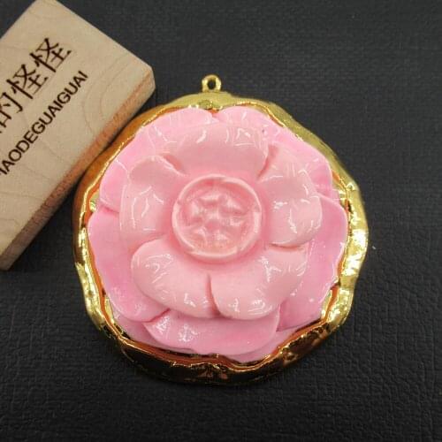 APDGG 58mm Pink Turquoise Carving Flower Gold Color Plated Pave Charms Necklace Pendant Jewelry DIY