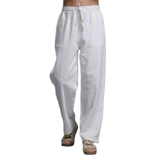 New Men Loose Linen Trousers spring Summer Thin Pants Elastic Cotton fashion Elastic Waist Pockets Casual