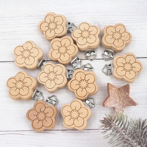 Chenkai 50PCS Wood flower Clip DIY Organic Eco-friendly Nature Unfinished Baby Pacifier Rattle Grasping Accessories