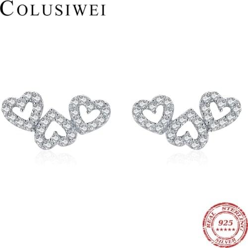 Colusiwei Vintage Design 925 Sterling Silver Clear CZ Simple Stackable Hollow Sweet Heart Stud Earring for Women Wedding Jewelry