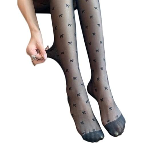 Women Summer Thin Stretch Pantyhose Cute Bowknot Jacquard Sexy See-Through Tights Stockings Solid Slim Party Clubwear