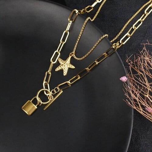 Summer Beach Shell Necklace Layered Necklace Lock Pendant Hip Hop Sweet Couple Man Girl Stainless Steel Jewelry Gift