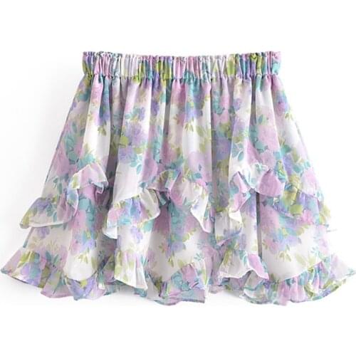YENKYE Sweet Floral Print Ruffle Skirt Women Elastic High Waist Mini Jupe Femme Holiday Summer Boho Beach Casual faldas