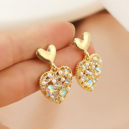 Fashion Women Jewelry Love Full Crystal Pearl Stud Earrings Heart-shaped Exquisite Rhinestone Earring