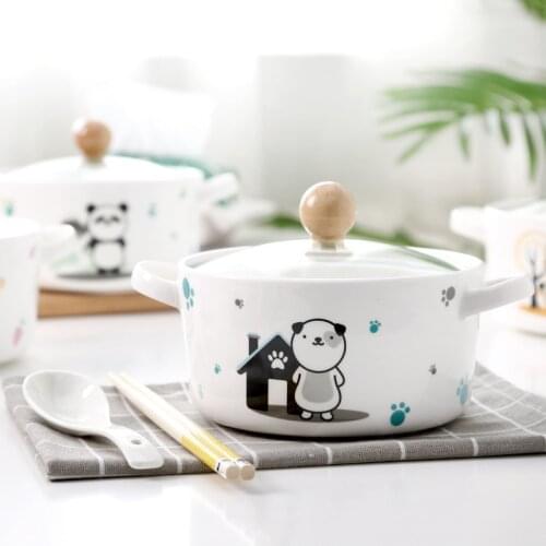 Cartoon Porcelain Bubble Bowl Large Student Cutlery Set with Cover Household Lunch Box Lovely Dormitory Bowl