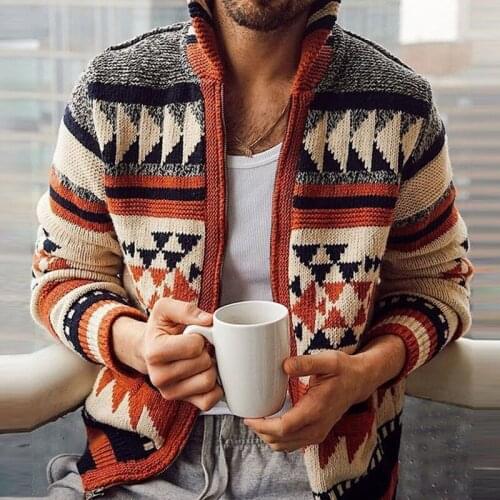 Men Autumn Sweater Jacket Fashion Geometries Knitted Outwear Coat Sweater Men Hooded Cardigan Vintage Sweater Jumper