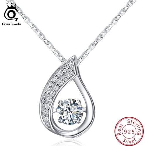 ORSA JEWELS 100% Sterling Silver 925 Water-Drop Pendant Necklace with Movable Shiny Cubic Zirconia Genuine Silver Jewelry SN41