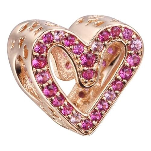 Fits Pandora Bracelet 925 Sterling Silver Sparkling Ruby Red & Pink Freehand Heart Charms Beads for Jewelry Making Kralen