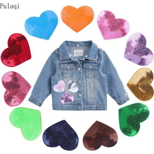 Pulaqi 13 styles Sequined Patches Iron on Love Heart Appliqued DIY Sewing Stickers Garment Jeans Backpack Decor Embellishment