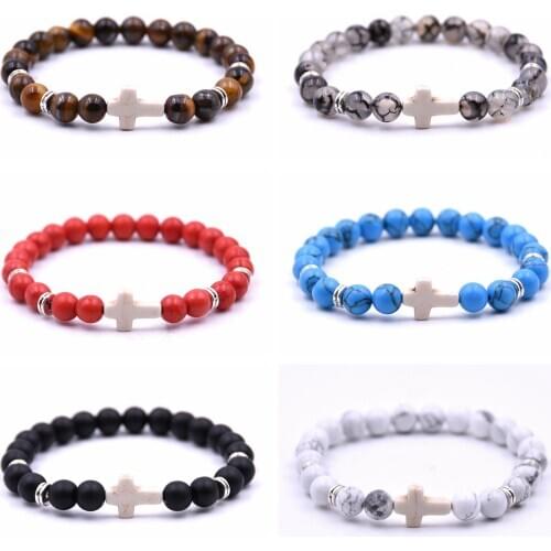 Qimoshi 2019 Fashion Reiki Men Bracelets for Women Natural Stone Beaded Cross Charm Beads Elastic Gifts Bracelet Bangles Jewelry