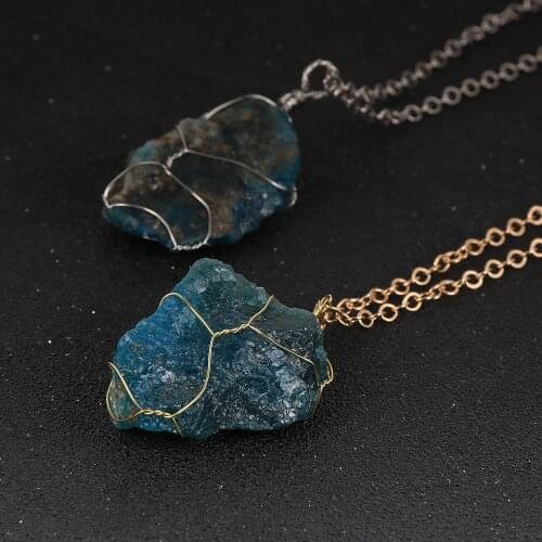 Unisex Men Women Irregular Original Apatite Pendant Necklace Handmade Wire Wrap Natural Stone Beads Chain Necklaces BOHO Jewelry