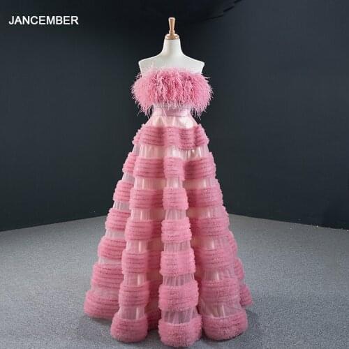 J67045 JANCEMBER Pink Evening Dresses Strapless Lace Up Back Feather A-Line Beading Pleat Seeveless Prom Dress
