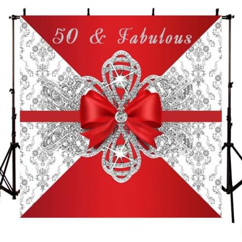 Diamond Crystal Beaded 50 Birthday Photography Backdrop Red Bow Backgrounds Photo Studio Custom Vinyl Background Photography