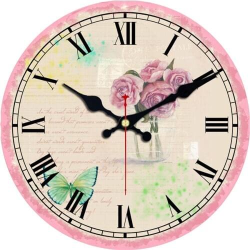 Vintage Large Art Wall Clock Shabby Chic Clock Pink Flower Silent Home Office Cafe Kitchen Bar Decor Home Silent Wall Clock
