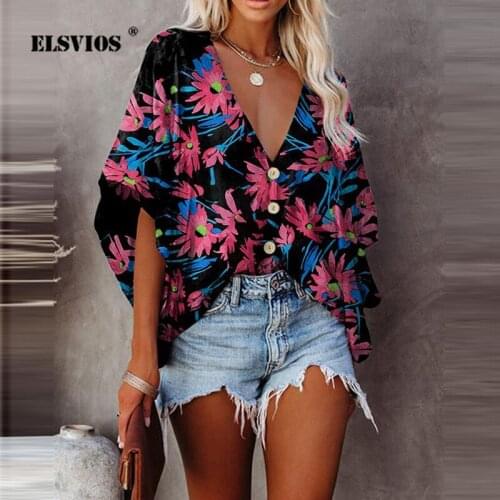 Batwing Half Sleeve Digital Printing V-Neck Blouse Summer Single-Breasted Cardigan Lady Loose Midi Shirt Women Casual Streetwear